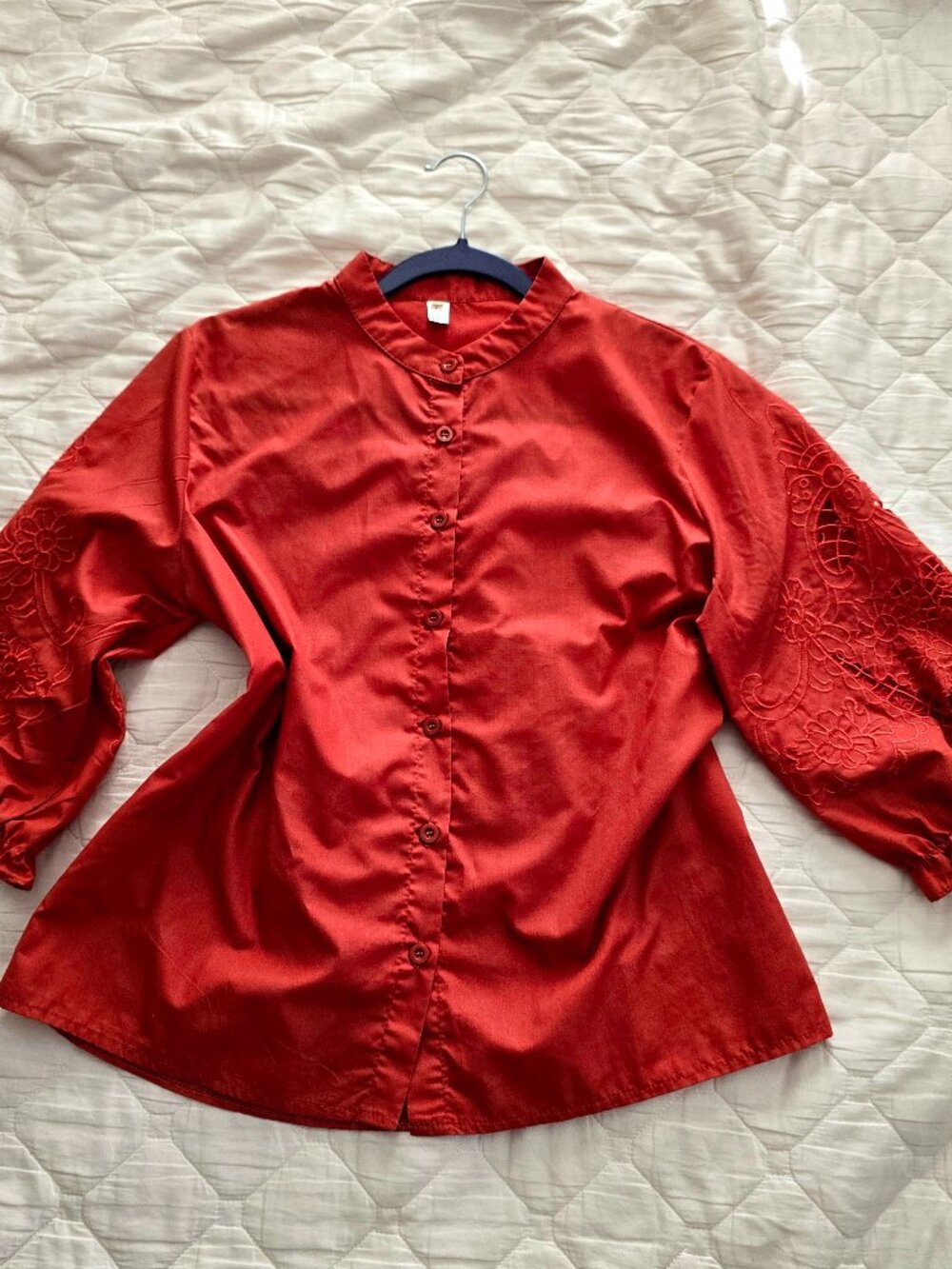 Burnt Orange Embroidered Eyelet Lace Sleeve Blouse Asian L Fits US Small Medium